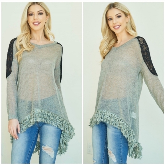 💚HP💚RYU A'reve Semi Sheer Grey Sweater V-neck Crochet Detail Fringe Hem - Picture 3 of 5